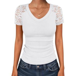 imageANRABESS Women Short Sleeve V Neck Lace Shirts Ribbed Knit Fitted Basic Tee Top 2026 Summer Casual TShirts Going Out OutfitsWhite