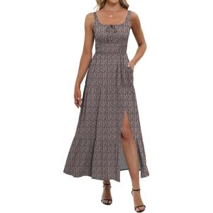 imageANRABESS Women Summer Casual Floral Printed Square Neck Sleeveless Straps Elastic Waist Slit Beach Vacation Maxi DressBrown Floral