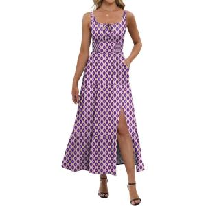 imageANRABESS Women Summer Casual Floral Printed Square Neck Sleeveless Straps Elastic Waist Slit Beach Vacation Maxi DressFloral Purple