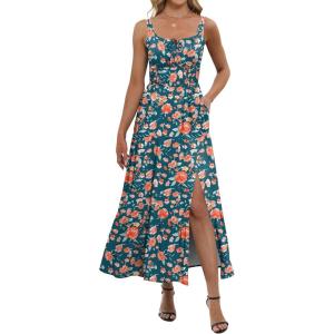 imageANRABESS Women Summer Casual Floral Printed Square Neck Sleeveless Straps Elastic Waist Slit Beach Vacation Maxi DressFloral Teal