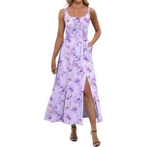 imageANRABESS Women Summer Casual Floral Printed Square Neck Sleeveless Straps Elastic Waist Slit Beach Vacation Maxi DressLight Purple Floral