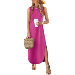 imageANRABESS Women Summer Casual Maxi Sundress Sleeveless Loose Split 2026 Trendy Tank Shirt Long Dress Beach Vacation ClothesHot Pink