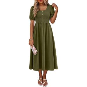 imageANRABESS Women Summer Casual Puff Short Sleeve Square Neck Smocked Button Up High Waist Flowy Vacation Midi Dresses amp PocketsArmy Green