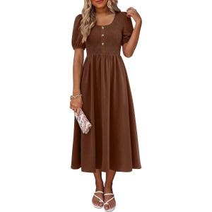 imageANRABESS Women Summer Casual Puff Short Sleeve Square Neck Smocked Button Up High Waist Flowy Vacation Midi Dresses amp PocketsBrown