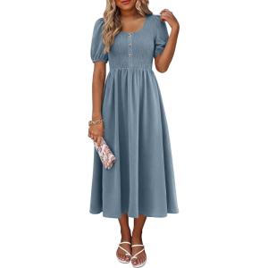 imageANRABESS Women Summer Casual Puff Short Sleeve Square Neck Smocked Button Up High Waist Flowy Vacation Midi Dresses amp PocketsGrey Blue