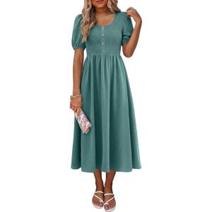 imageANRABESS Women Summer Casual Puff Short Sleeve Square Neck Smocked Button Up High Waist Flowy Vacation Midi Dresses amp PocketsLake