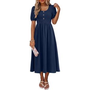 imageANRABESS Women Summer Casual Puff Short Sleeve Square Neck Smocked Button Up High Waist Flowy Vacation Midi Dresses amp PocketsNavy Blue