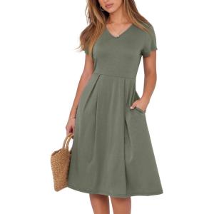 imageANRABESS Women Summer Dress Casual Short Sleeve V Neck ALine Knee Length Pleated Flowy 2026 Fashion Midi Dresses with PocketArmy Green