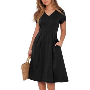 imageANRABESS Women Summer Dress Casual Short Sleeve V Neck ALine Knee Length Pleated Flowy 2026 Fashion Midi Dresses with PocketBlack