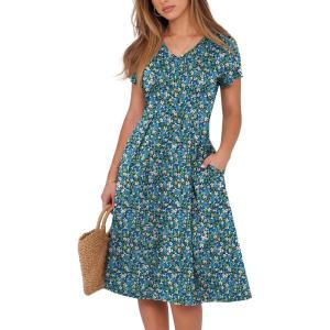 imageANRABESS Women Summer Dress Casual Short Sleeve V Neck ALine Knee Length Pleated Flowy 2026 Fashion Midi Dresses with PocketBlack Blue Floral