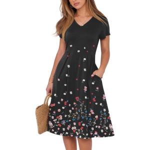 imageANRABESS Women Summer Dress Casual Short Sleeve V Neck ALine Knee Length Pleated Flowy 2026 Fashion Midi Dresses with PocketBlack Floral