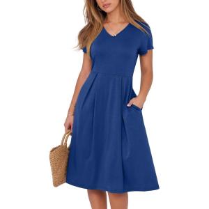 imageANRABESS Women Summer Dress Casual Short Sleeve V Neck ALine Knee Length Pleated Flowy 2026 Fashion Midi Dresses with PocketDark Blue