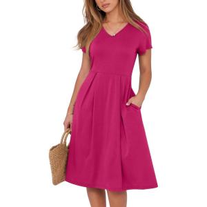 imageANRABESS Women Summer Dress Casual Short Sleeve V Neck ALine Knee Length Pleated Flowy 2026 Fashion Midi Dresses with PocketHot Pink