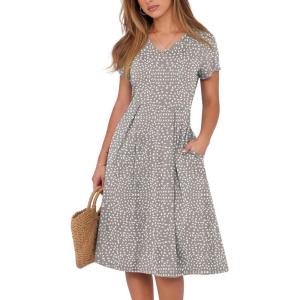 imageANRABESS Women Summer Dress Casual Short Sleeve V Neck ALine Knee Length Pleated Flowy 2026 Fashion Midi Dresses with PocketKhaki Polka Dot