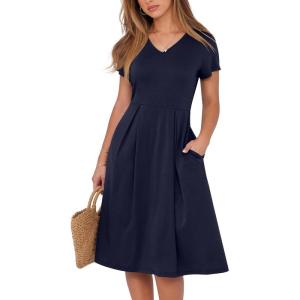 imageANRABESS Women Summer Dress Casual Short Sleeve V Neck ALine Knee Length Pleated Flowy 2026 Fashion Midi Dresses with PocketNavy Blue