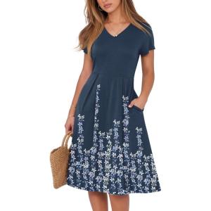 imageANRABESS Women Summer Dress Casual Short Sleeve V Neck ALine Knee Length Pleated Flowy 2026 Fashion Midi Dresses with PocketNavy Blue Floral