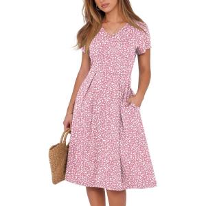 imageANRABESS Women Summer Dress Casual Short Sleeve V Neck ALine Knee Length Pleated Flowy 2026 Fashion Midi Dresses with PocketPink White Dot