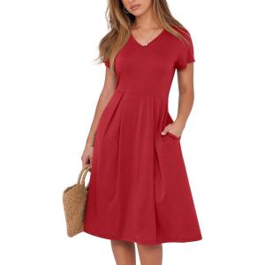 imageANRABESS Women Summer Dress Casual Short Sleeve V Neck ALine Knee Length Pleated Flowy 2026 Fashion Midi Dresses with PocketRed