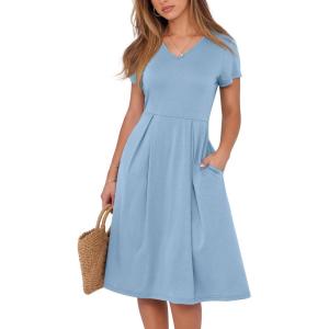 imageANRABESS Women Summer Dress Casual Short Sleeve V Neck ALine Knee Length Pleated Flowy 2026 Fashion Midi Dresses with PocketSky Blue