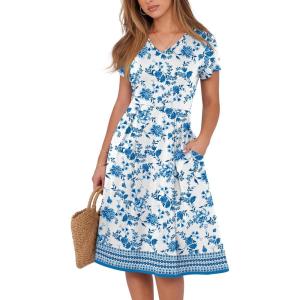 imageANRABESS Women Summer Dress Casual Short Sleeve V Neck ALine Knee Length Pleated Flowy 2026 Fashion Midi Dresses with PocketWhite Floral