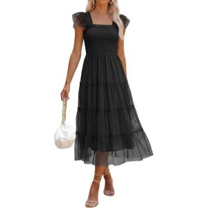 imageANRABESS Women Summer Floral Midi Dress Sleeveless Boho Flowy Smocked RuffleTulle Beach Vacation Wedding Guest Party DressesBlack
