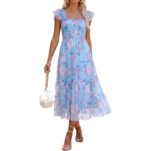 imageANRABESS Women Summer Floral Midi Dress Sleeveless Boho Flowy Smocked RuffleTulle Beach Vacation Wedding Guest Party DressesBlue Floral Purple