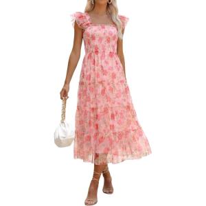 imageANRABESS Women Summer Floral Midi Dress Sleeveless Boho Flowy Smocked RuffleTulle Beach Vacation Wedding Guest Party DressesFloral Pink Rose