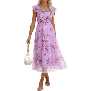 imageANRABESS Women Summer Floral Midi Dress Sleeveless Boho Flowy Smocked RuffleTulle Beach Vacation Wedding Guest Party DressesPurple Rose