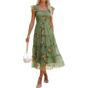 imageANRABESS Women Summer Floral Midi Dress Sleeveless Boho Flowy Smocked RuffleTulle Beach Vacation Wedding Guest Party DressesYellow Floral Green