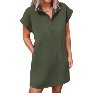 imageANRABESS Women Summer Shirt Dress Casual Short Sleeve Henley Neck Mini Shift Tunic Dresses 2026 Beach Vacation Cruise ClothesArmy Green