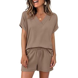 imageANRABESS Women Summer Two Piece Lounge Sets Top Matching Shorts Pajama Set 2026 Spring Casual Outfits Beach Vacation ClothesLight Khaki