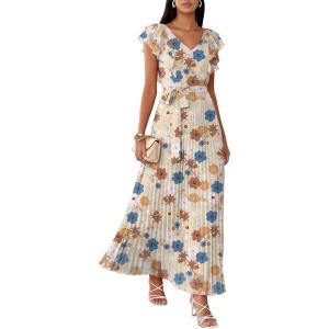 imageANRABESS Women V Neck Ruffle Sleeve Floral Pleated Maxi Dresses Summer Boho Belt Empire Waist Wedding Guest Party Flowy DressApricot Floral