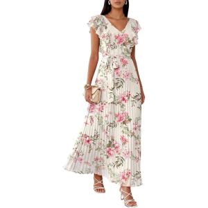 imageANRABESS Women V Neck Ruffle Sleeve Floral Pleated Maxi Dresses Summer Boho Belt Empire Waist Wedding Guest Party Flowy DressFloral Pink Rose