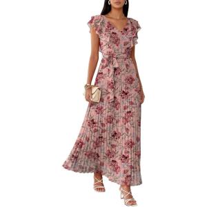 imageANRABESS Women V Neck Ruffle Sleeve Floral Pleated Maxi Dresses Summer Boho Belt Empire Waist Wedding Guest Party Flowy DressFloral Red Rose