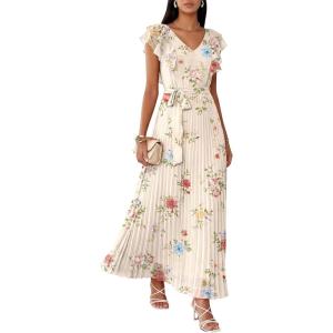 imageANRABESS Women V Neck Ruffle Sleeve Floral Pleated Maxi Dresses Summer Boho Belt Empire Waist Wedding Guest Party Flowy DressMulticolored Rose Apricot