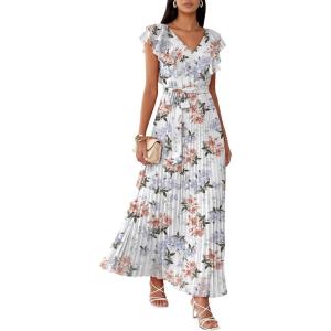 imageANRABESS Women V Neck Ruffle Sleeve Floral Pleated Maxi Dresses Summer Boho Belt Empire Waist Wedding Guest Party Flowy DressPink Peony White