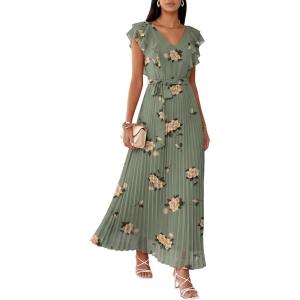 imageANRABESS Women V Neck Ruffle Sleeve Floral Pleated Maxi Dresses Summer Boho Belt Empire Waist Wedding Guest Party Flowy DressYellow Floral Green