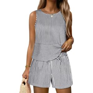 imageANRABESS Womens 2 Piece Outfits Striped Summer Casual Sleeveless Tank Top Matching Shorts Lounge Sets Beach Vacation ClothesBlack White Stripe