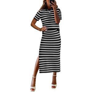 imageANRABESS Womens 2 Piece Outfits Striped Sweater Skirt Sets 2026 Spring Casual Short Sleeve Pullover Tops Travel Midi DressBlack White