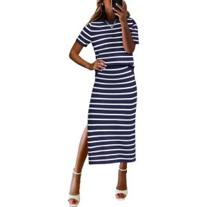 imageANRABESS Womens 2 Piece Outfits Striped Sweater Skirt Sets 2026 Spring Casual Short Sleeve Pullover Tops Travel Midi DressBlue White