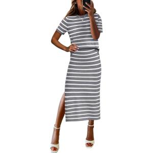 imageANRABESS Womens 2 Piece Outfits Striped Sweater Skirt Sets 2026 Spring Casual Short Sleeve Pullover Tops Travel Midi DressGrey White
