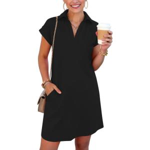 imageANRABESS Womens 2026 Summer Collared V Neck Tshirt Dress Casual Cap Sleeve Spring Mini Vacation Dresses with PocketsBlack