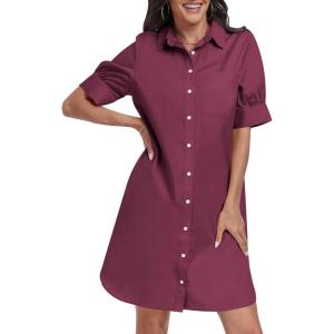 imageANRABESS Womens Button Down Shirt Dress Summer Short Sleeve Business Casual Shift Dresses with Pockets 2026 TrendyWine Red