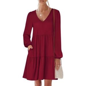 imageANRABESS Womens Long Sleeve Dress 2026 Fall Casual V Neck Tiered Flowy Short Dresses Spring Beach Travel Vacation ClothesBurgundy