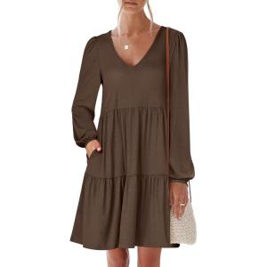 imageANRABESS Womens Long Sleeve Dress 2026 Fall Casual V Neck Tiered Flowy Short Dresses Spring Beach Travel Vacation ClothesCoffee