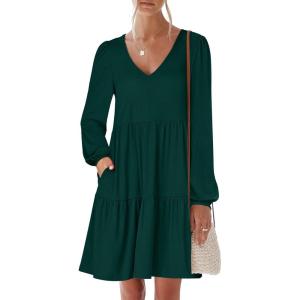 imageANRABESS Womens Long Sleeve Dress 2026 Fall Casual V Neck Tiered Flowy Short Dresses Spring Beach Travel Vacation ClothesDeep Green