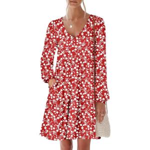imageANRABESS Womens Long Sleeve Dress 2026 Fall Casual V Neck Tiered Flowy Short Dresses Spring Beach Travel Vacation ClothesFloral Red