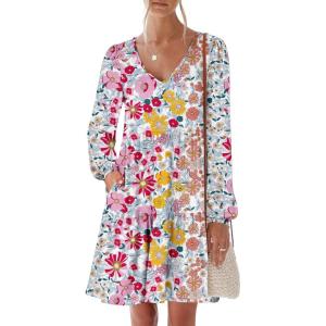 imageANRABESS Womens Long Sleeve Dress 2026 Fall Casual V Neck Tiered Flowy Short Dresses Spring Beach Travel Vacation ClothesPrint Floral