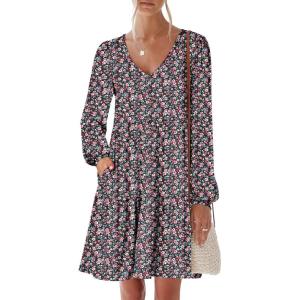 imageANRABESS Womens Long Sleeve Dress 2026 Fall Casual V Neck Tiered Flowy Short Dresses Spring Beach Travel Vacation ClothesPrint Floral Black