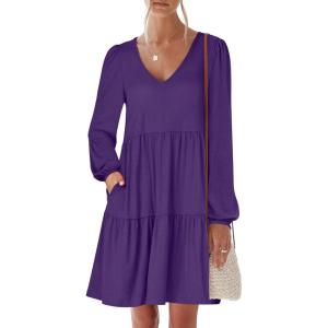 imageANRABESS Womens Long Sleeve Dress 2026 Fall Casual V Neck Tiered Flowy Short Dresses Spring Beach Travel Vacation ClothesPurple